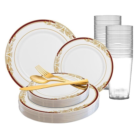 Smarty Had A Party White with Burgundy and Gold Harmony Rim Plastic Wedding Value Set, 360PK 640BGVS60